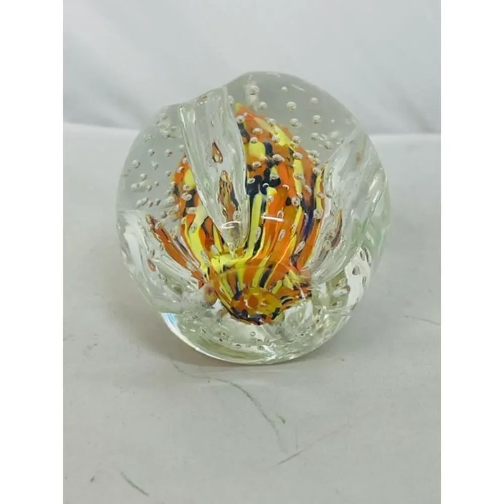 Art Glass Pencil Holder Glass Paperweight Pen Pencil flower Orange Yellow